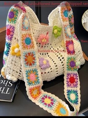 Crochet Floral Bucket Bag with Colorful Granny Square Strap